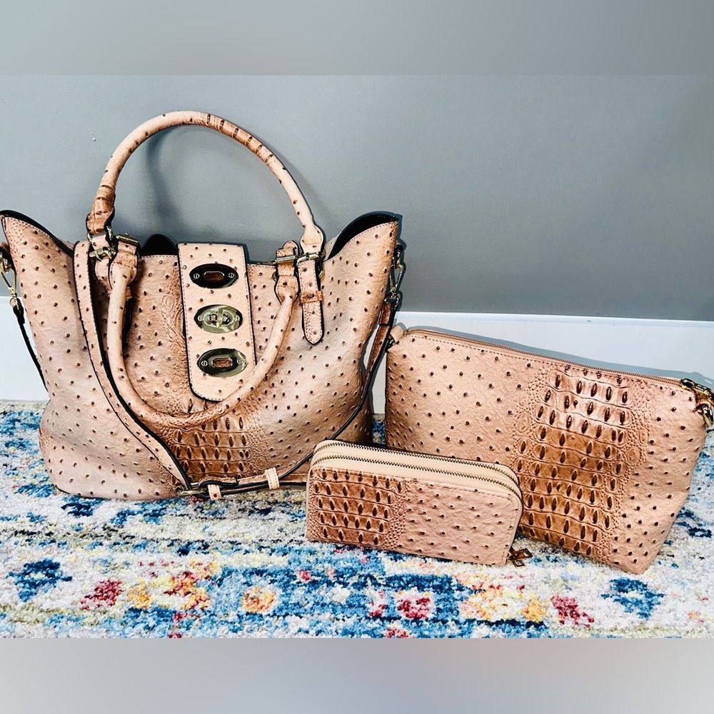 Dusty Rose Ostrich Leather Handbag Set